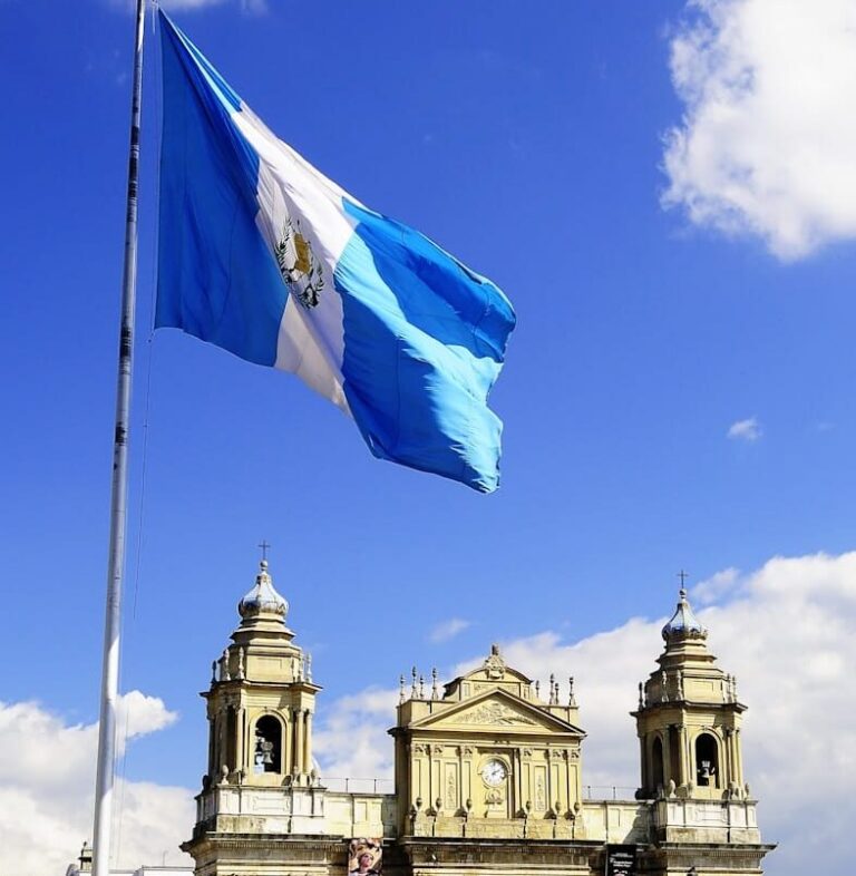white and blue flag on pole