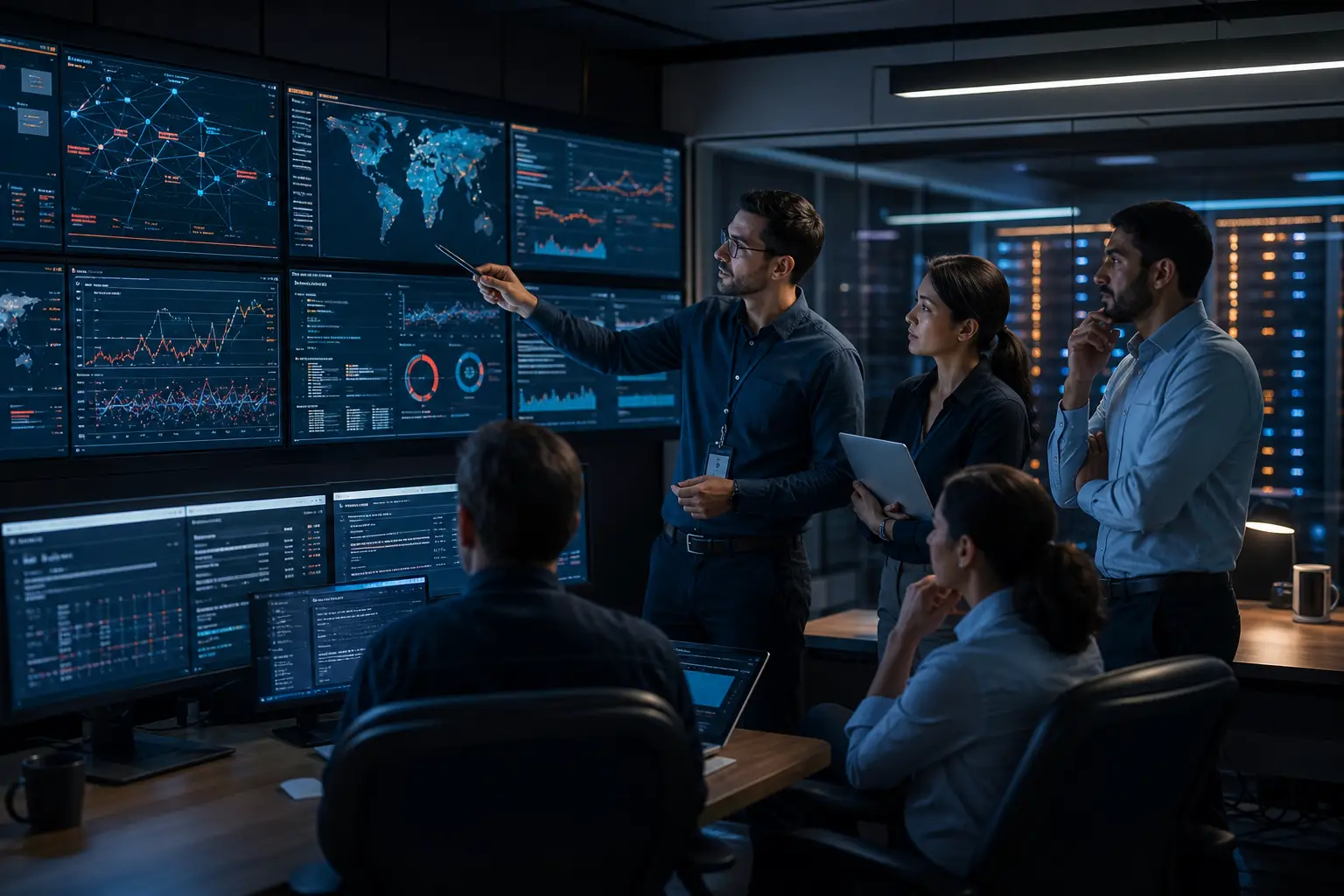 Equipo empresarial analizando nuevos riesgos y prioridades de ciberseguridad