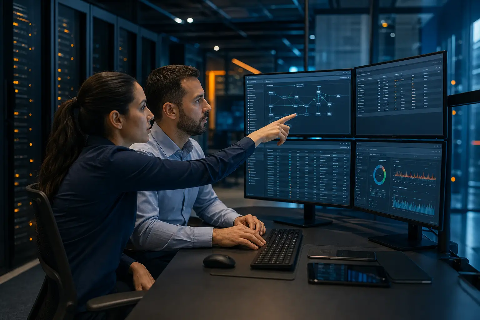Equipo de TI revisando el control de acceso de usuarios y dispositivos a una red empresarial con Cisco ISE
