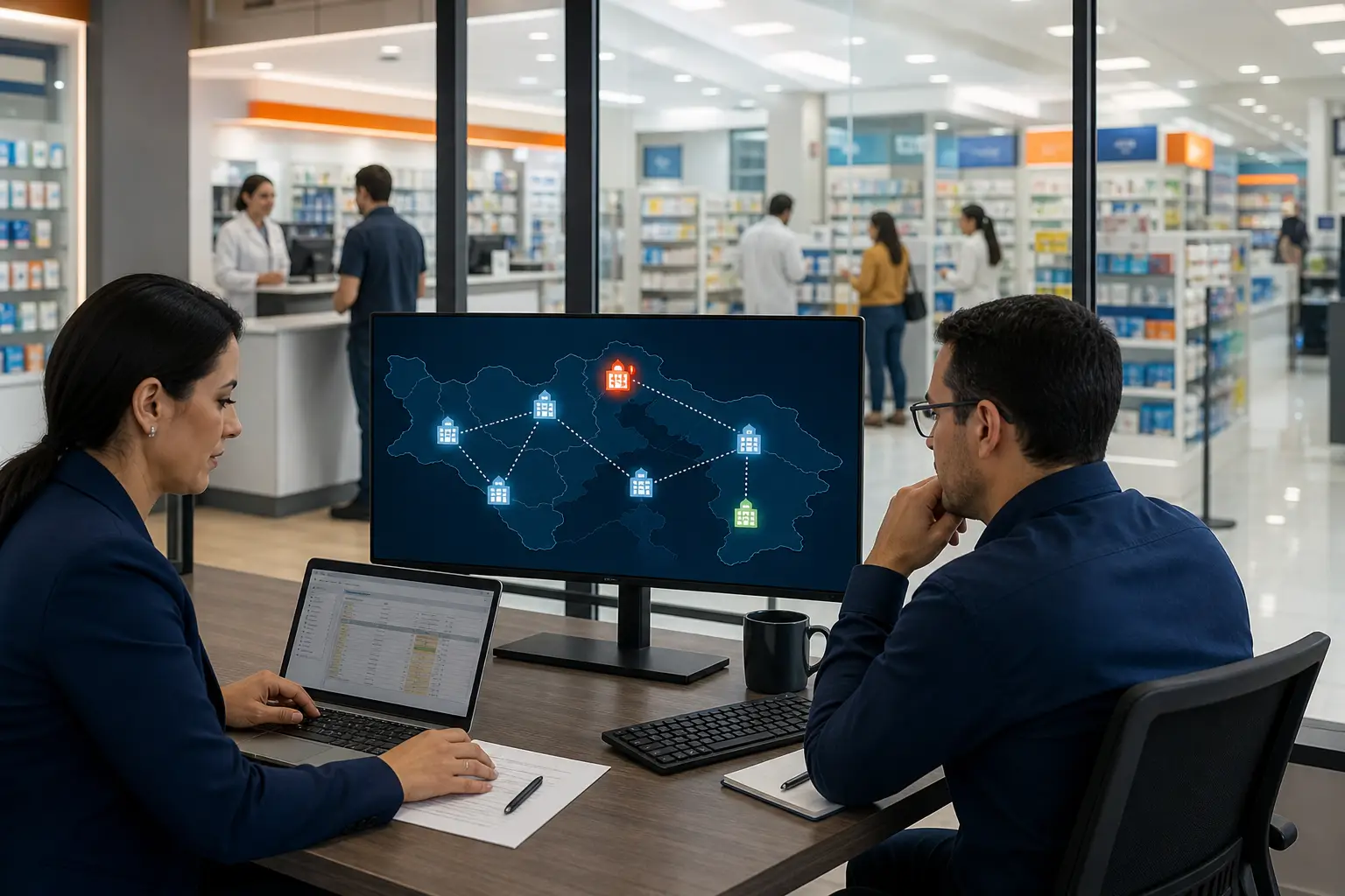 Gerente de operaciones y responsable de redes revisando la conectividad de sucursales de una cadena comercial