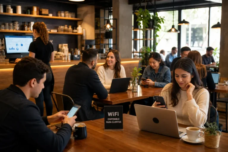 Clientes utilizando WiFi gestionado en un espacio comercial moderno
