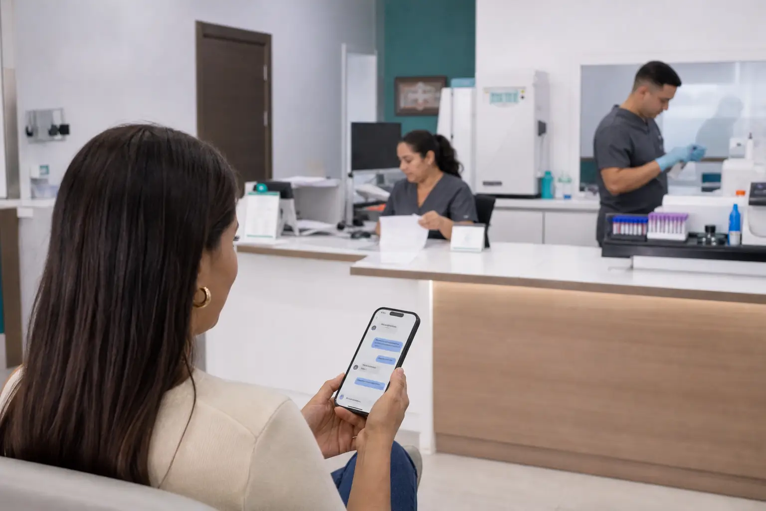 Recepción de laboratorio clínico en Panamá con personal administrativo y pacientes utilizando canales digitales de atención