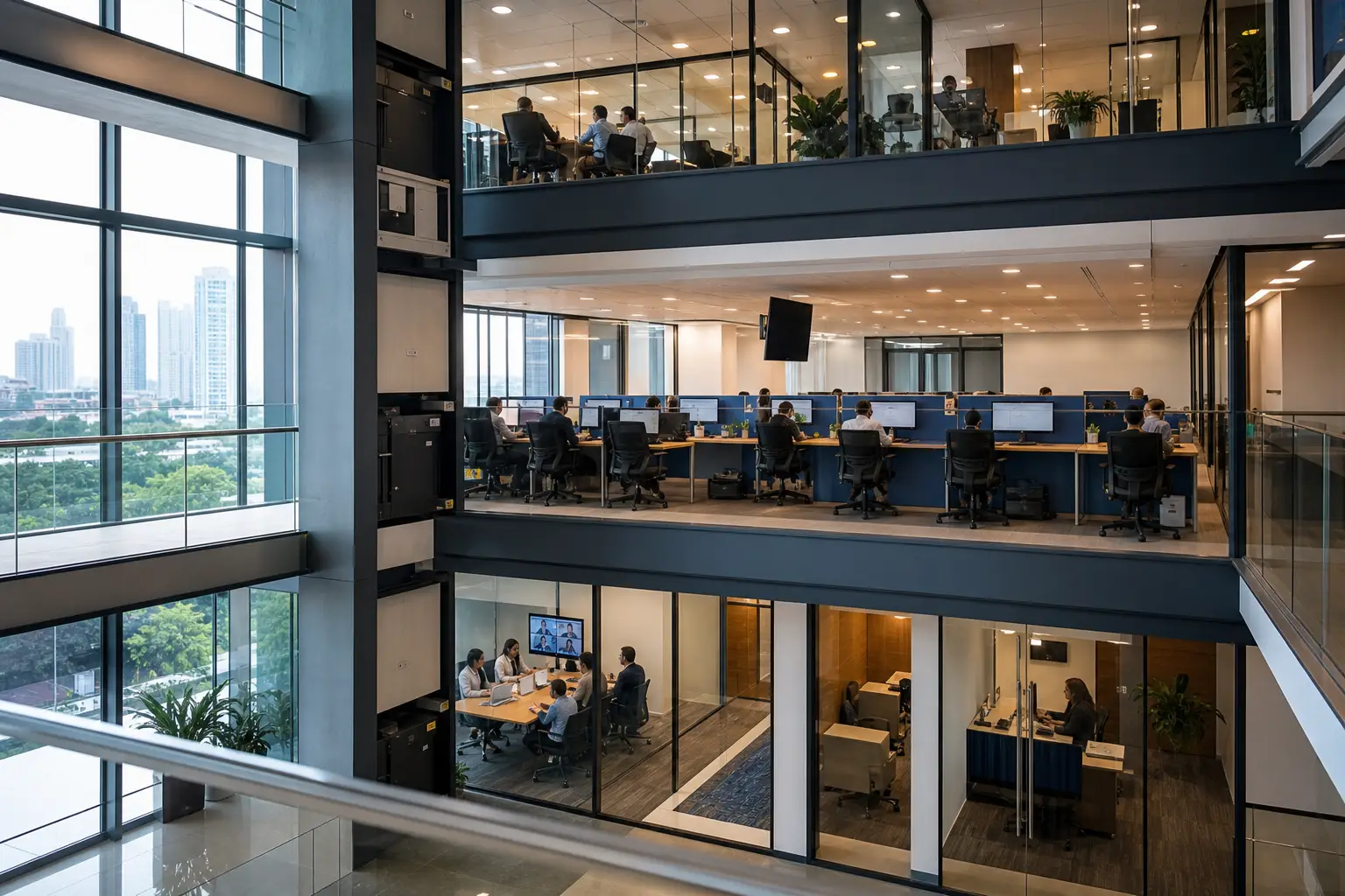 Conectividad empresarial integrada en un edificio corporativo